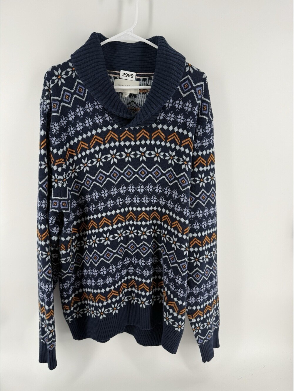 Sun + Stone Mens XL Fair Isle Shawl Collar Cotton Knit Pullover Sweater